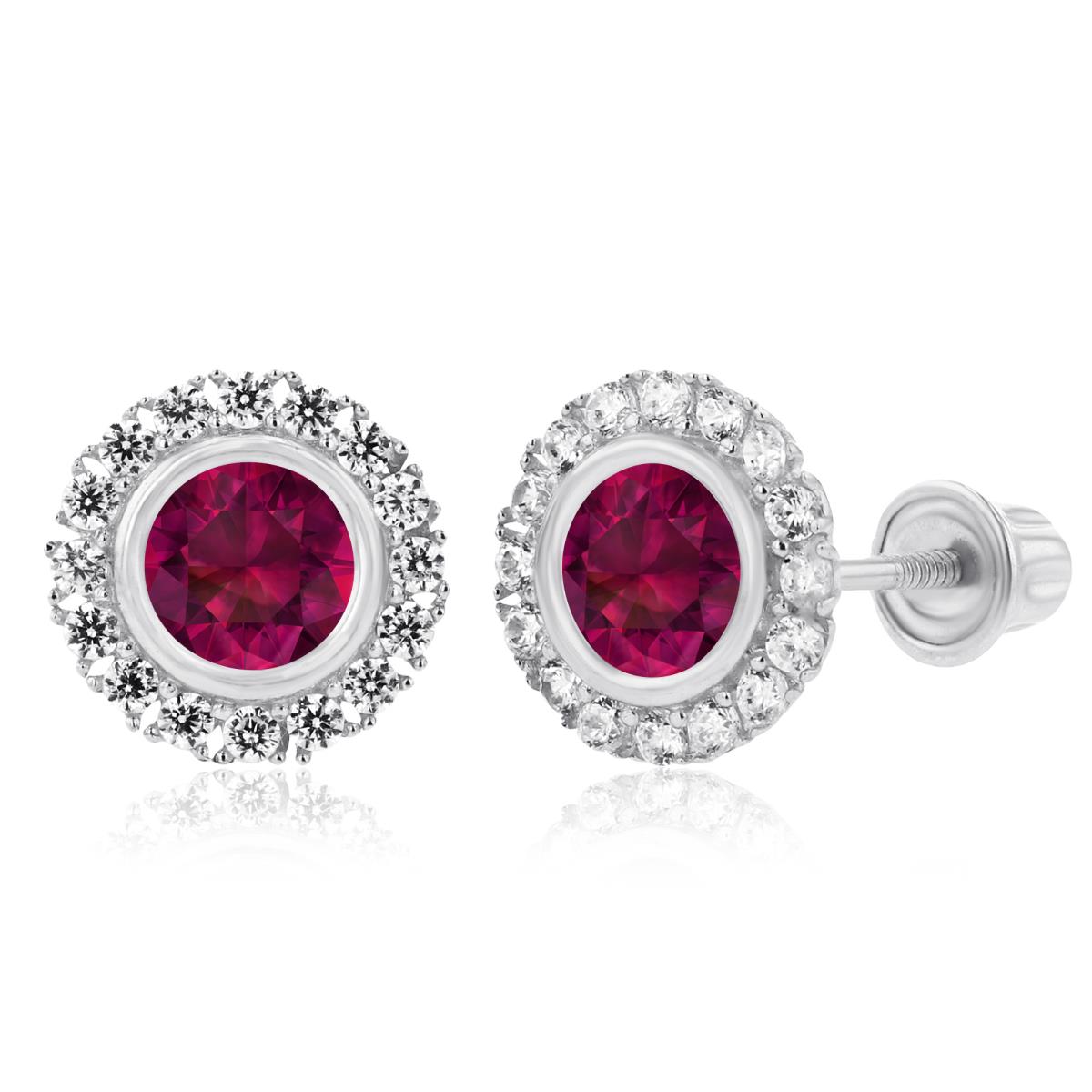 Sterling Silver Rhodium 4mm Created Ruby Bezel & 1mm Created White Sapphire Halo Screwback Earrings