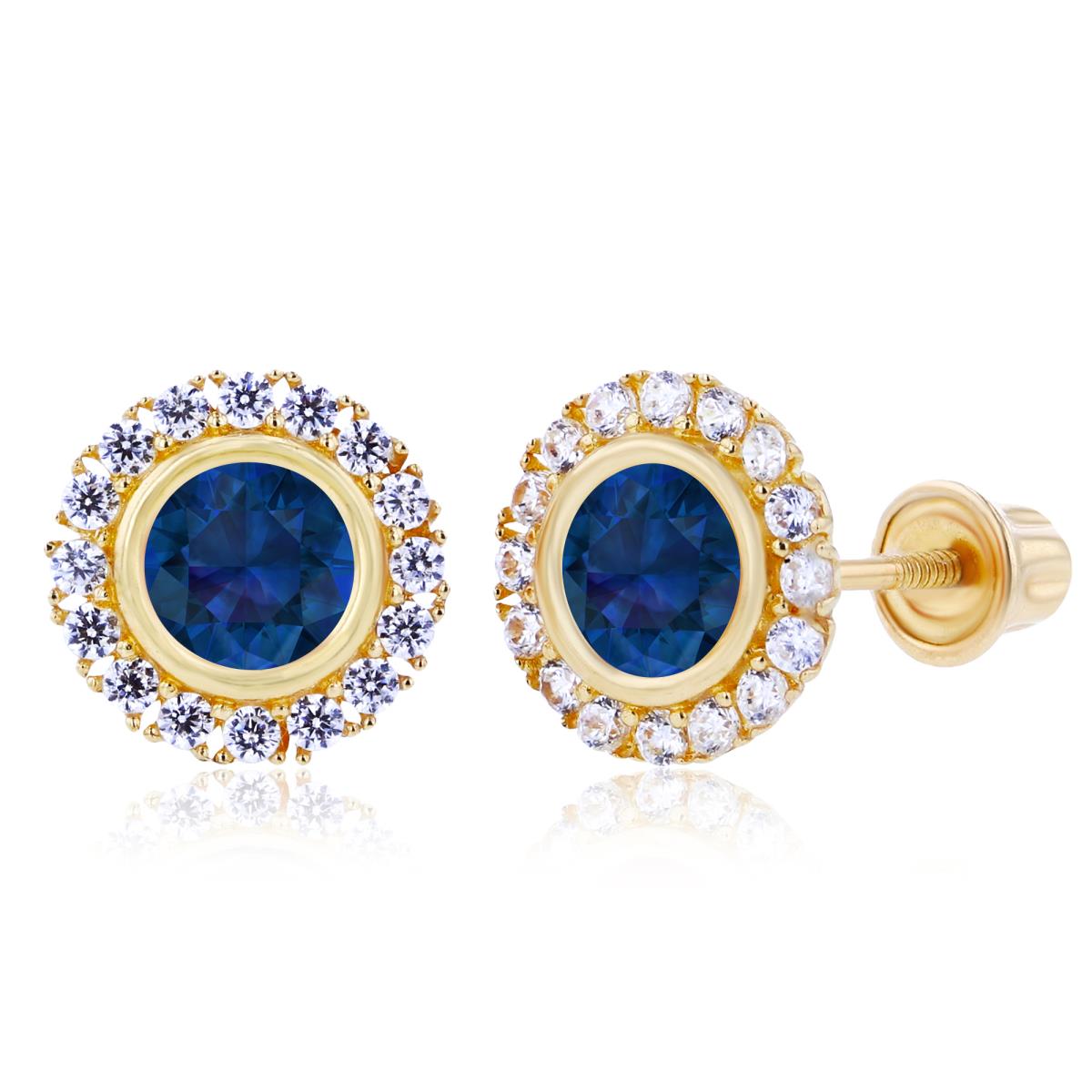 Sterling Silver Yellow 4mm Created Blue Sapphire Bezel & 1mm Created White Sapphire Halo Screwback Earrings