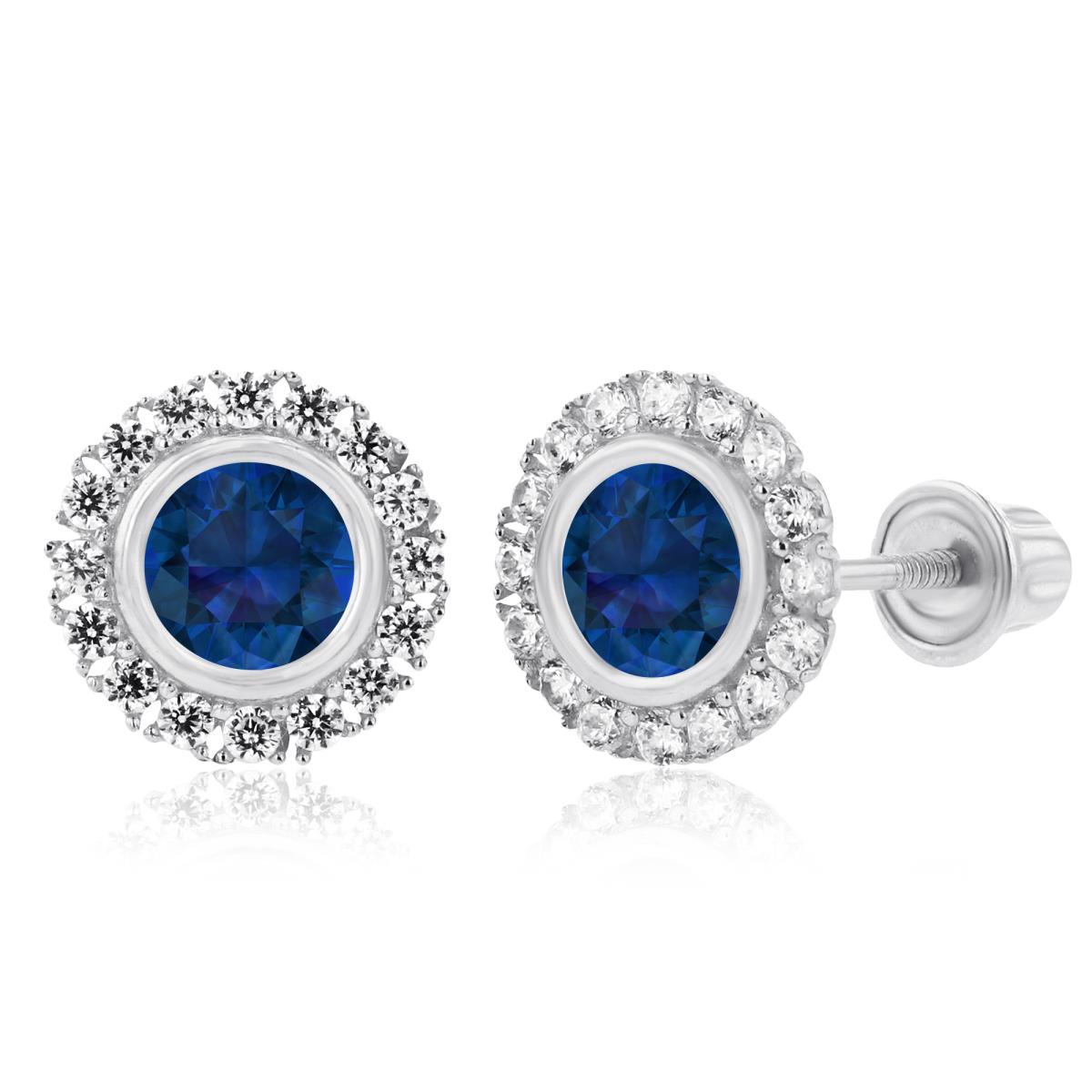 Sterling Silver Rhodium 4mm Created Blue Sapphire Bezel & 1mm Created White Sapphire Halo Screwback Earrings