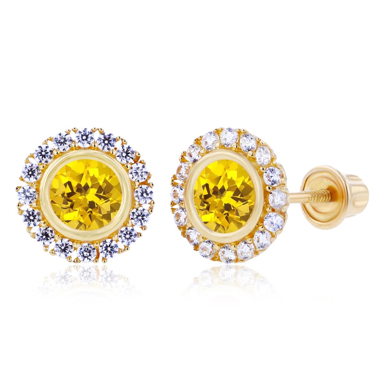 Sterling Silver Yellow 4mm Created Yellow Sapphire Bezel & 1mm Created White Sapphire Halo Screwback Earrings