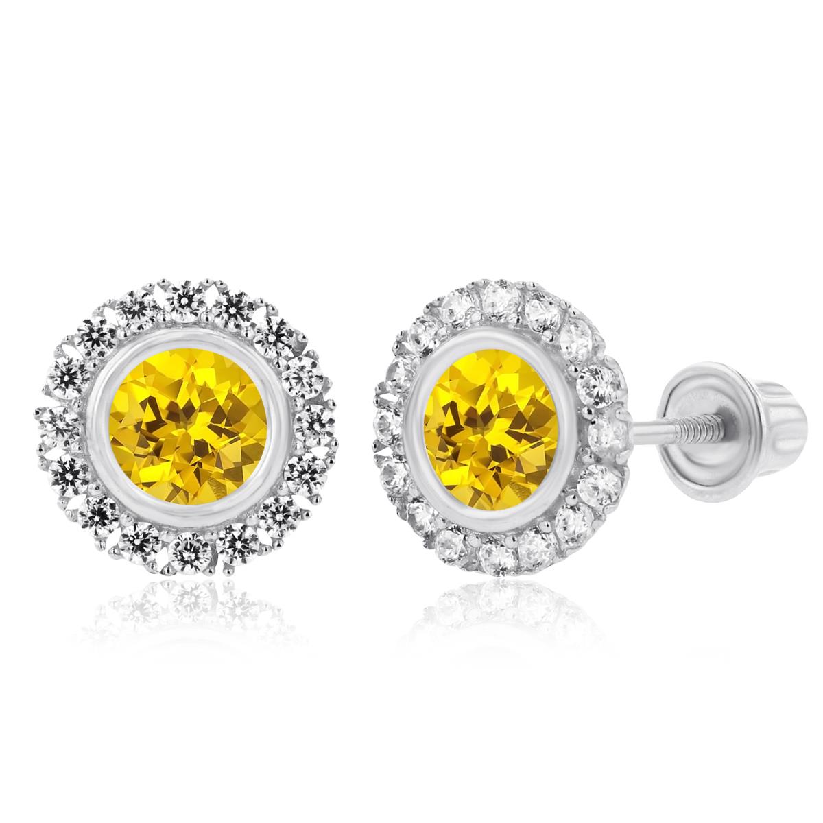 Sterling Silver Rhodium 4mm Created Yellow Sapphire Bezel & 1mm Created White Sapphire Halo Screwback Earrings