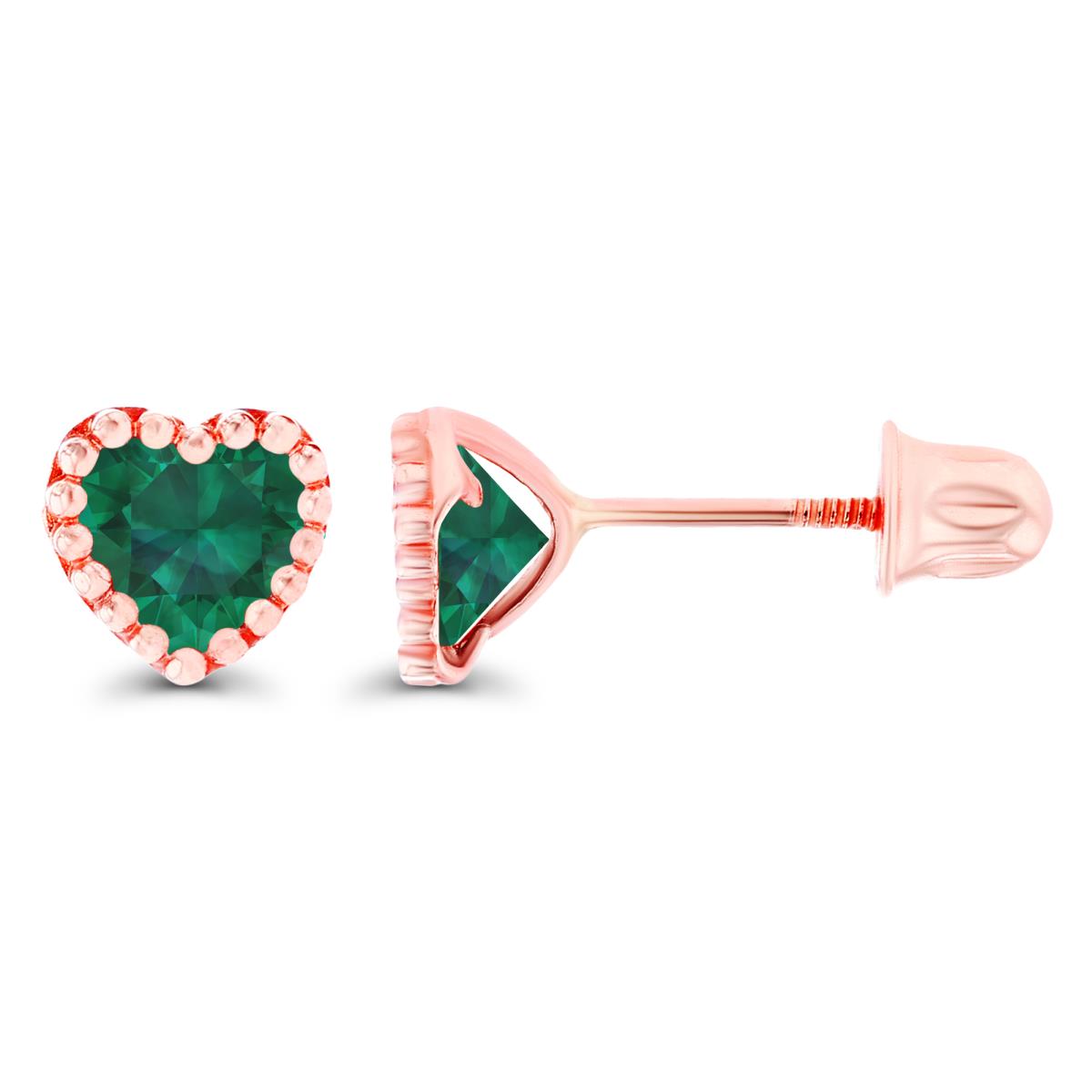 Sterling Silver Rose 4mm Heart Created Emerald Bezel Screwback Earrings