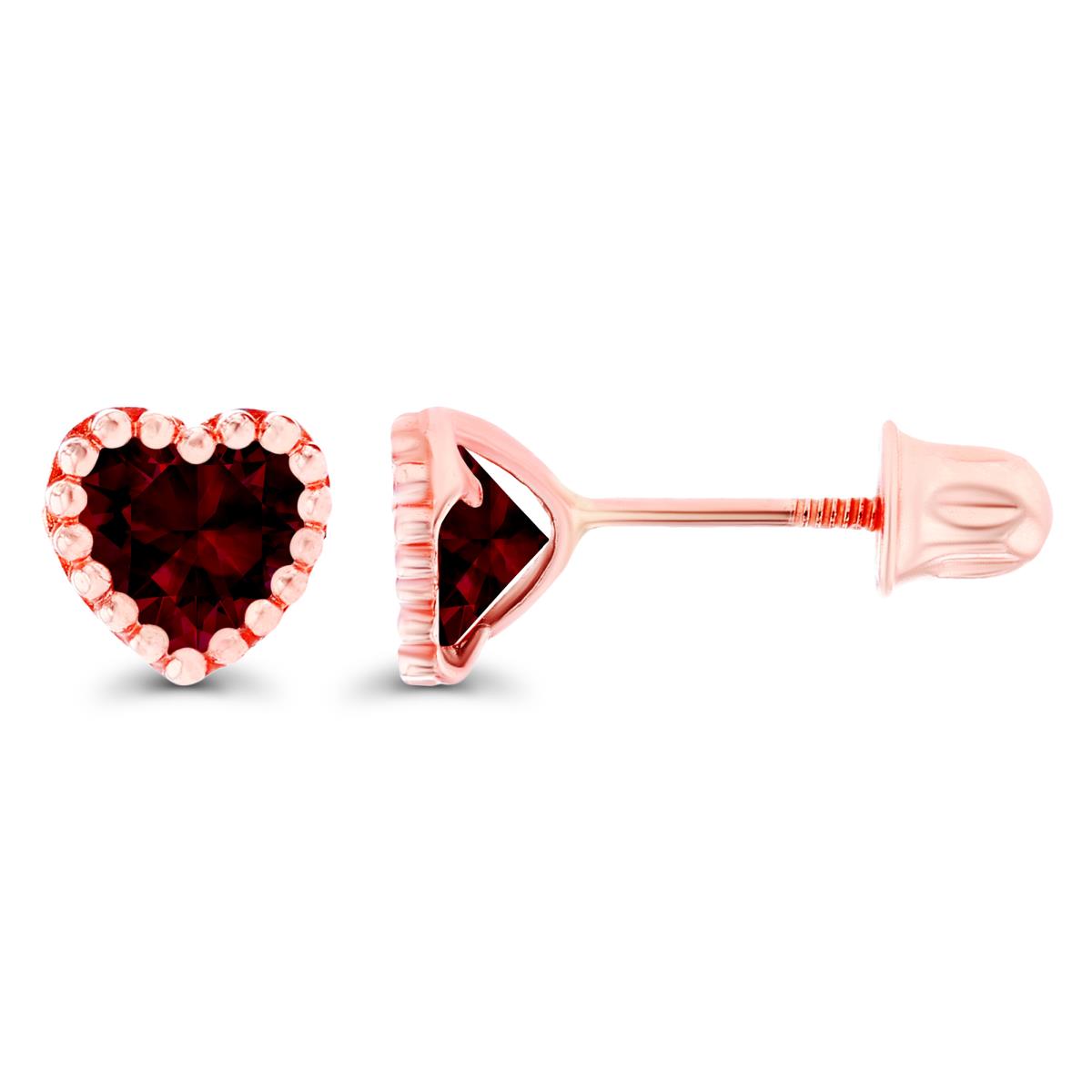 Sterling Silver Rose 4mm Heart Garnet Bezel Screwback Earrings