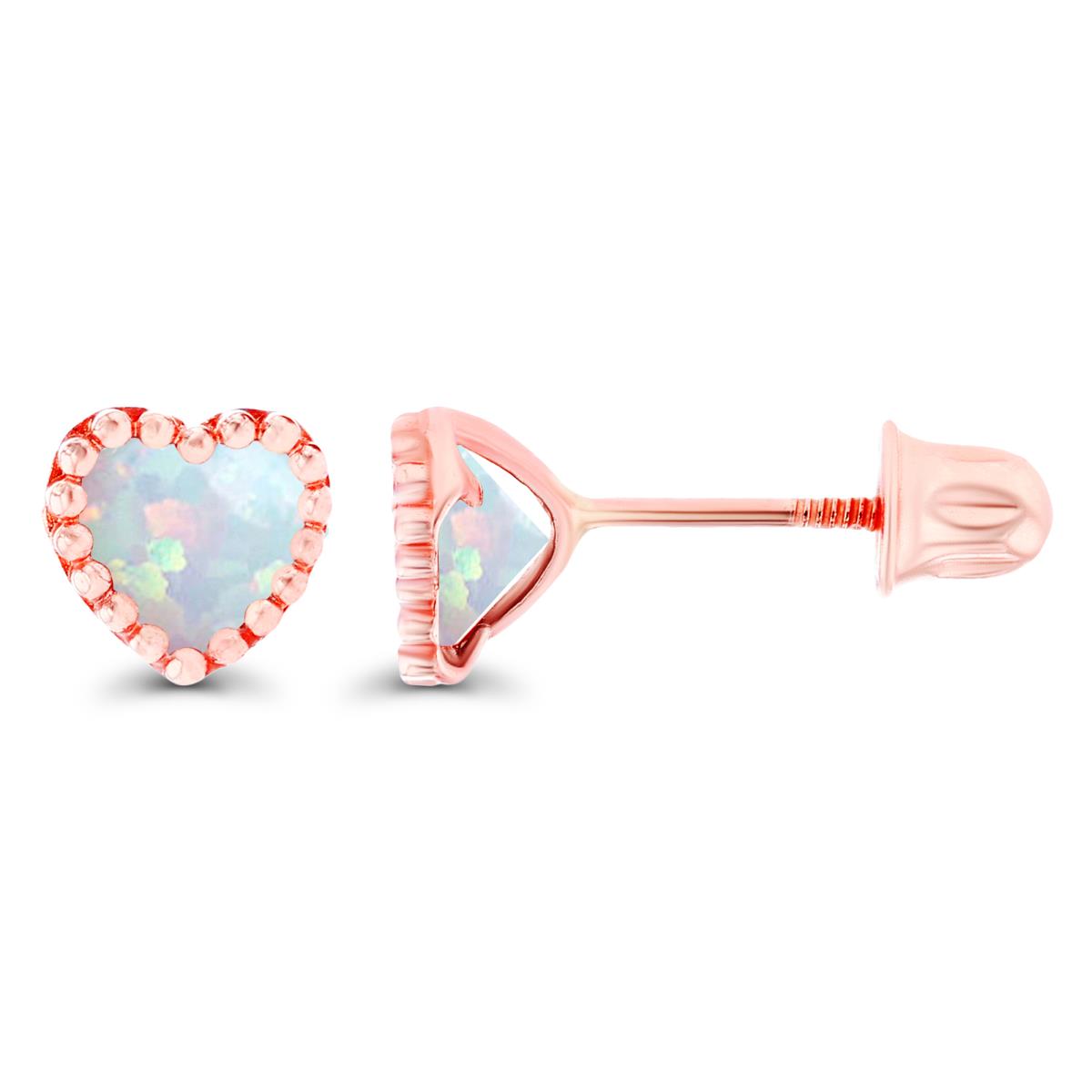 Sterling Silver Rose 4mm Heart Created Opal Bezel Screwback Earrings