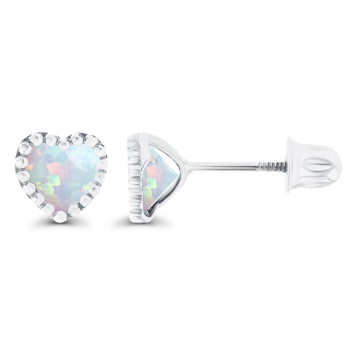Sterling Silver Rhodium 4mm Heart Created Opal Bezel Screwback Earrings