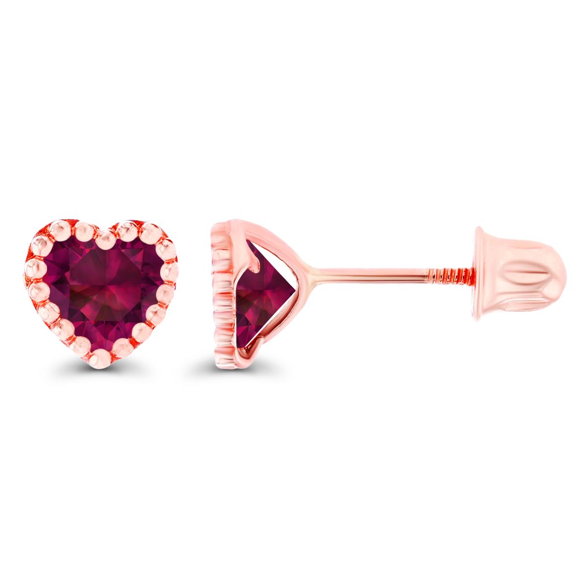 Sterling Silver Rose 4mm Heart Created Ruby Bezel Screwback Earrings