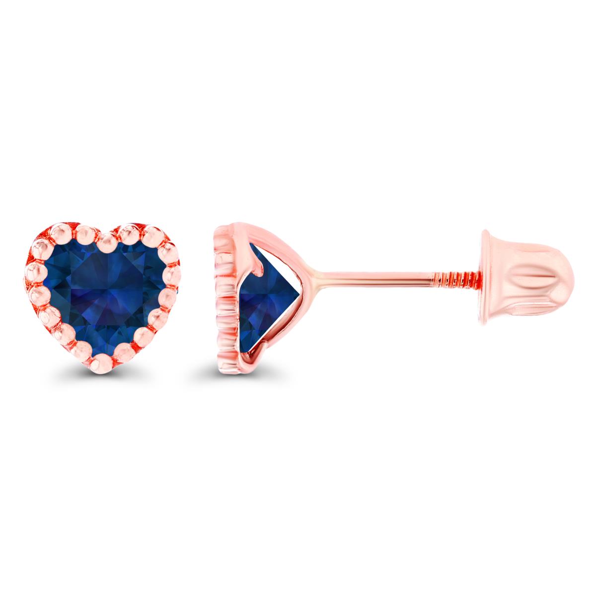 Sterling Silver Rose 4mm Heart Created Blue Sapphire Bezel Screwback Earrings