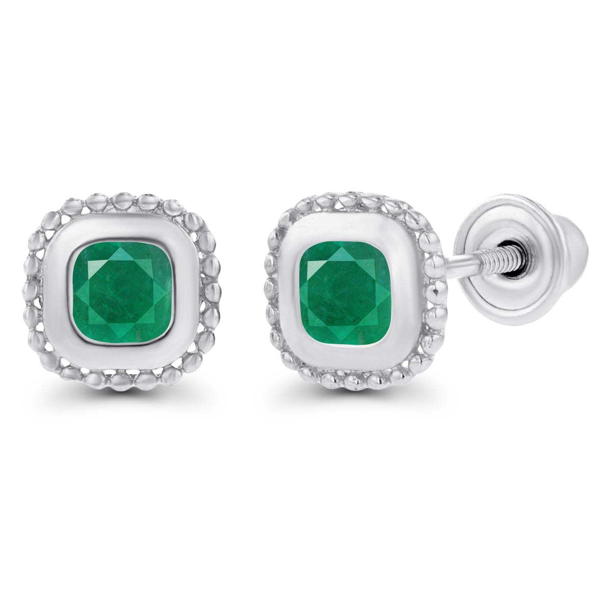 Sterling Silver Rhodium 3mm Emerald Bezel Milgrain Cushion Screwback Earrings