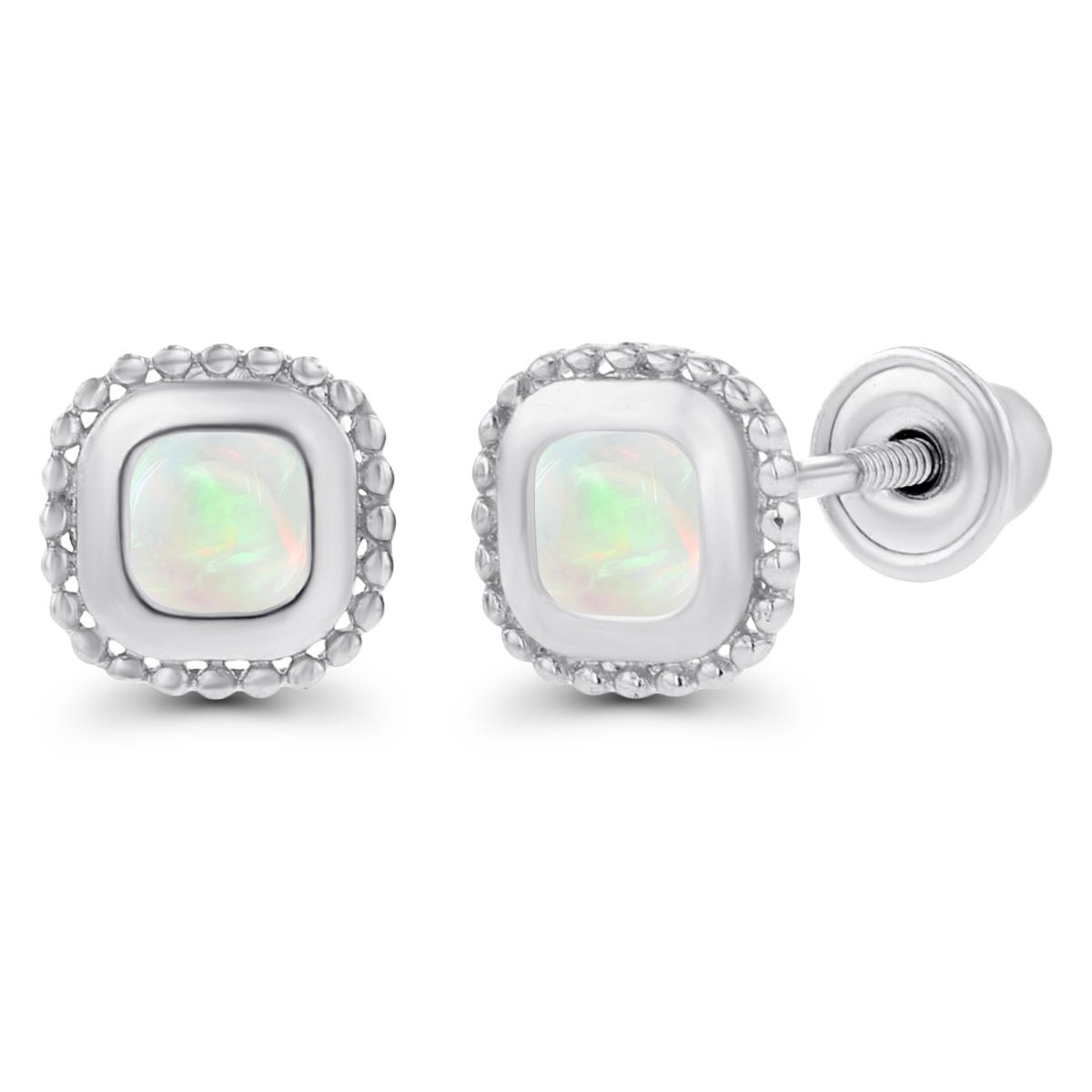 Sterling Silver Rhodium 3mm Opal Bezel Milgrain Cushion Screwback Earrings