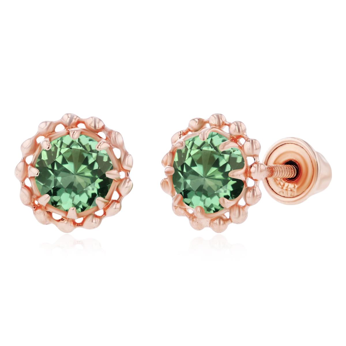 Sterling Silver Rose 4mm Round Created Green Sapphire Textured Halo Screwback Earrings