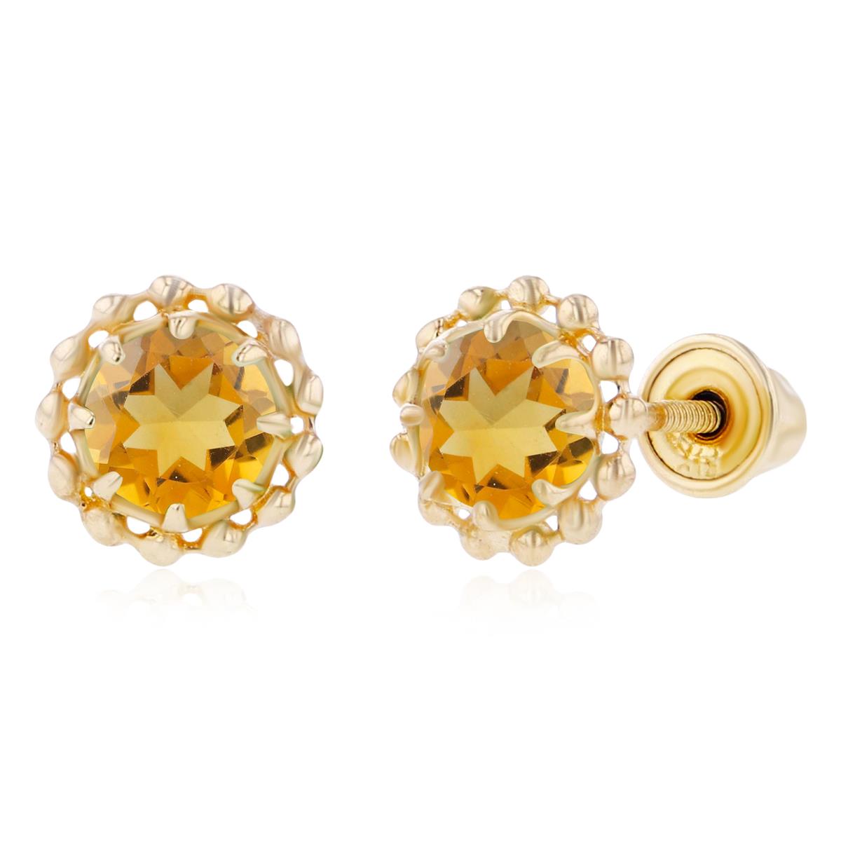Sterling Silver Yellow 4mm Round Citrine Textured Halo Screwback Earrings