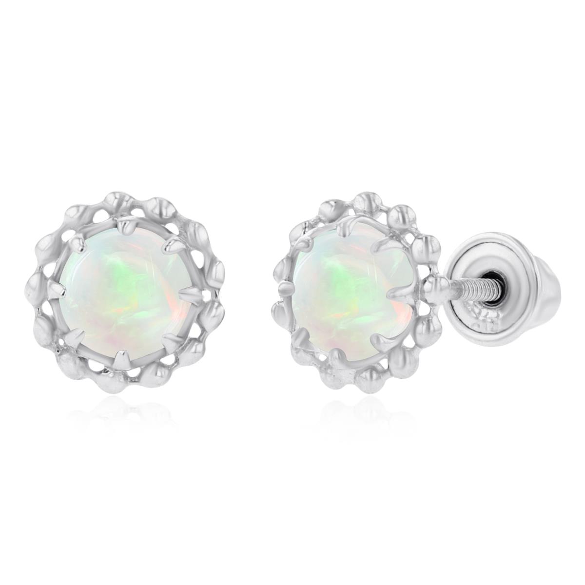 Sterling Silver Rhodium 4mm Round Opal Textured Halo Screwback Earrings