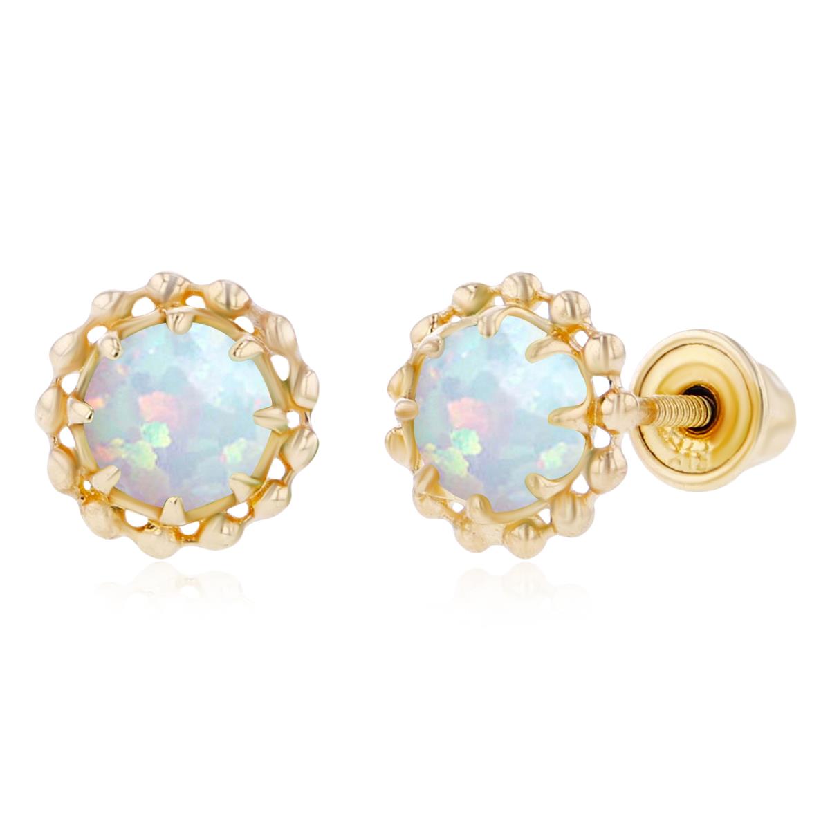 Sterling Silver Yellow 4mm Round Created Opal Textured Halo Screwback Earrings