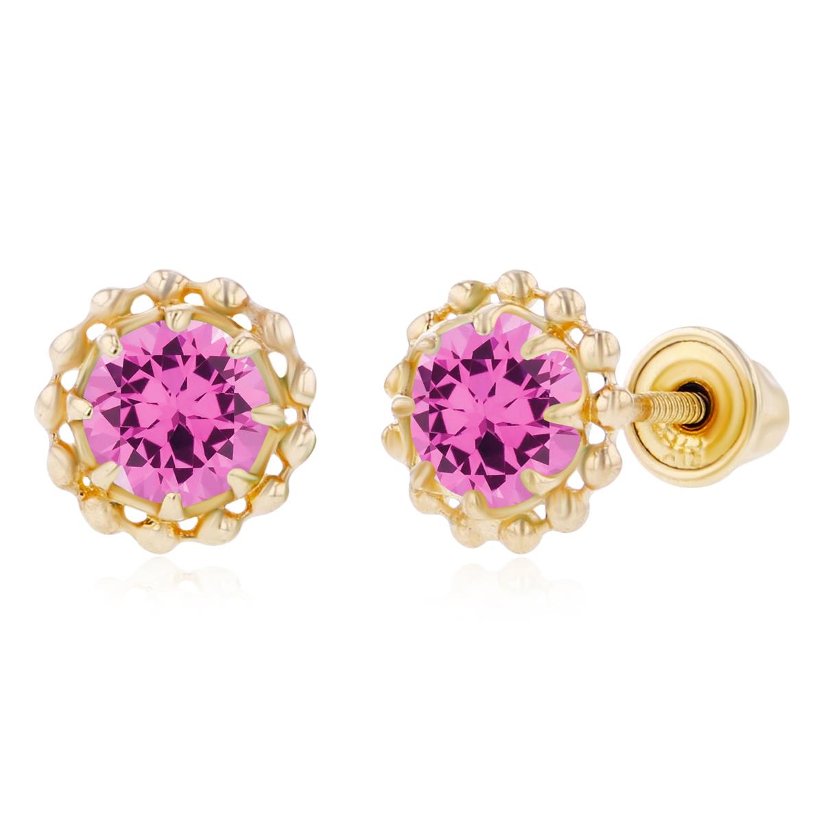 Sterling Silver Yellow 4mm Round Created Pink Sapphire Textured Halo Screwback Earrings