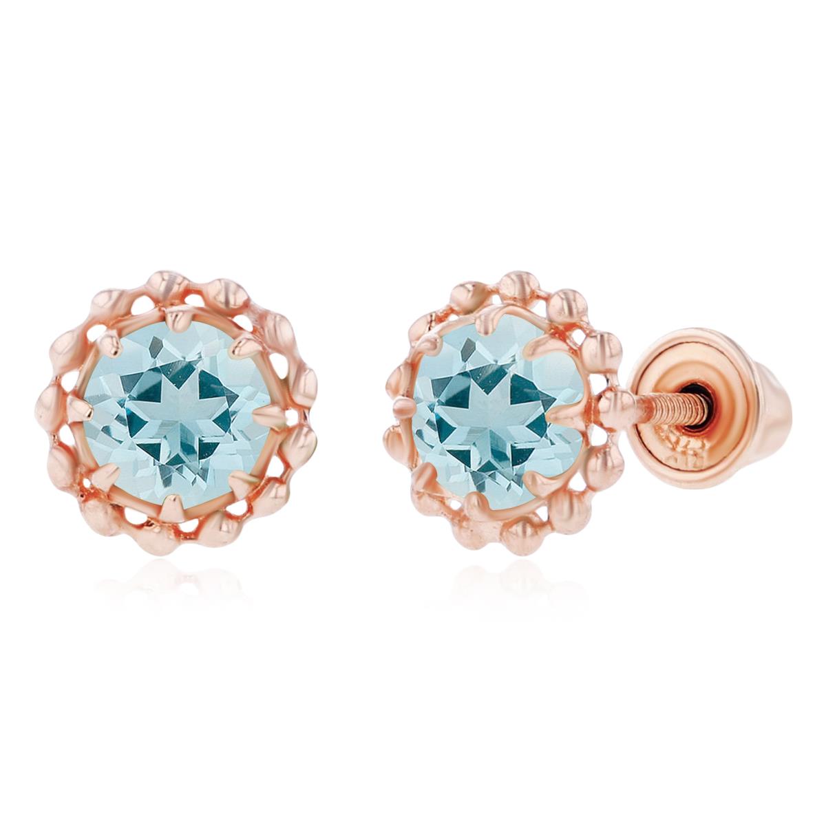 Sterling Silver Rose 4mm Round Aquamarine Textured Halo Screwback Earrings