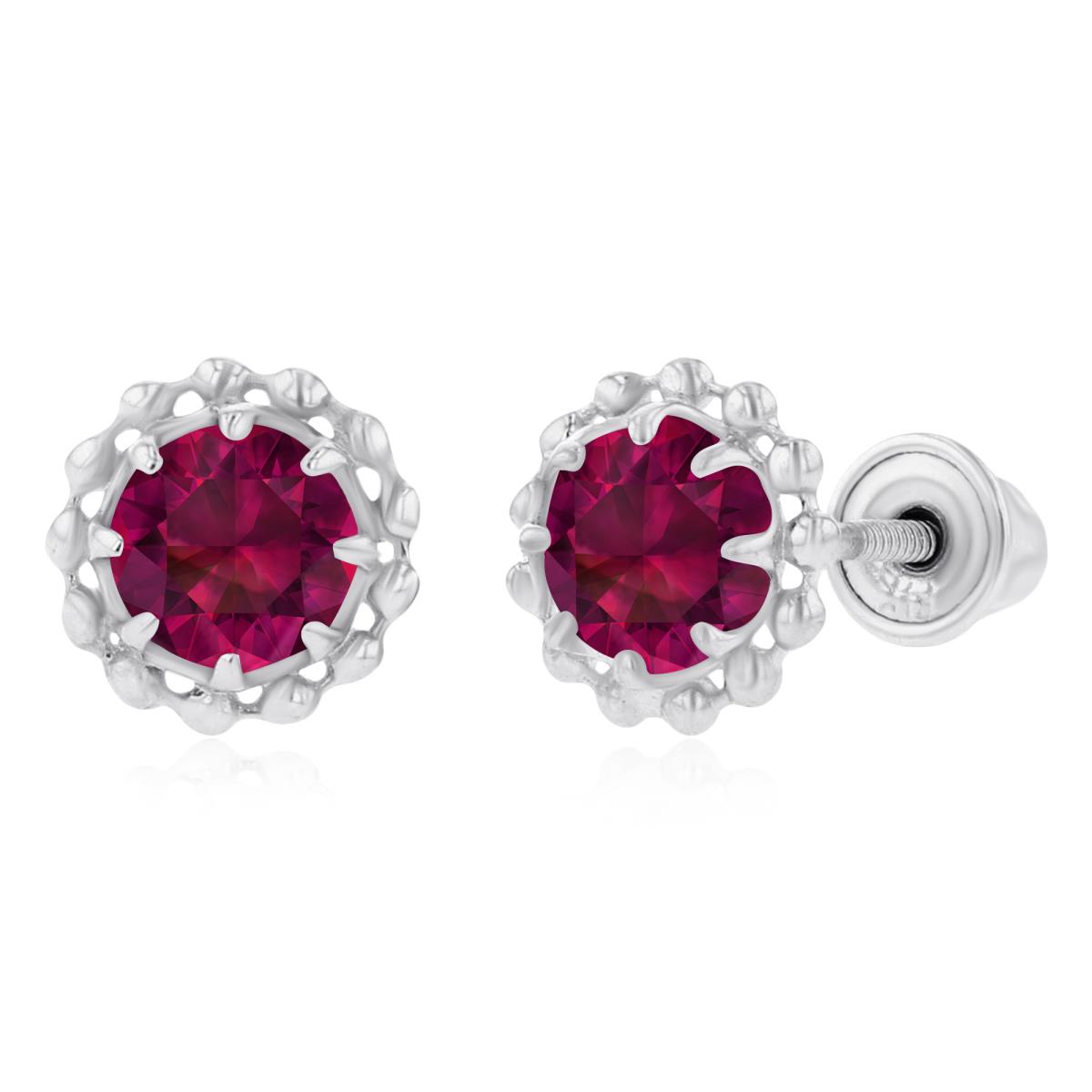 Sterling Silver Rhodium 4mm Round Created Ruby Textured Halo Screwback Earrings