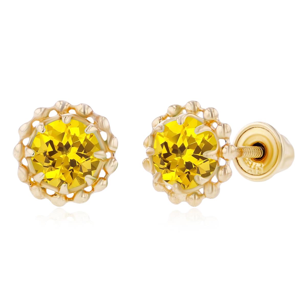 Sterling Silver Yellow 4mm Round Created Yellow Sapphire Textured Halo Screwback Earrings