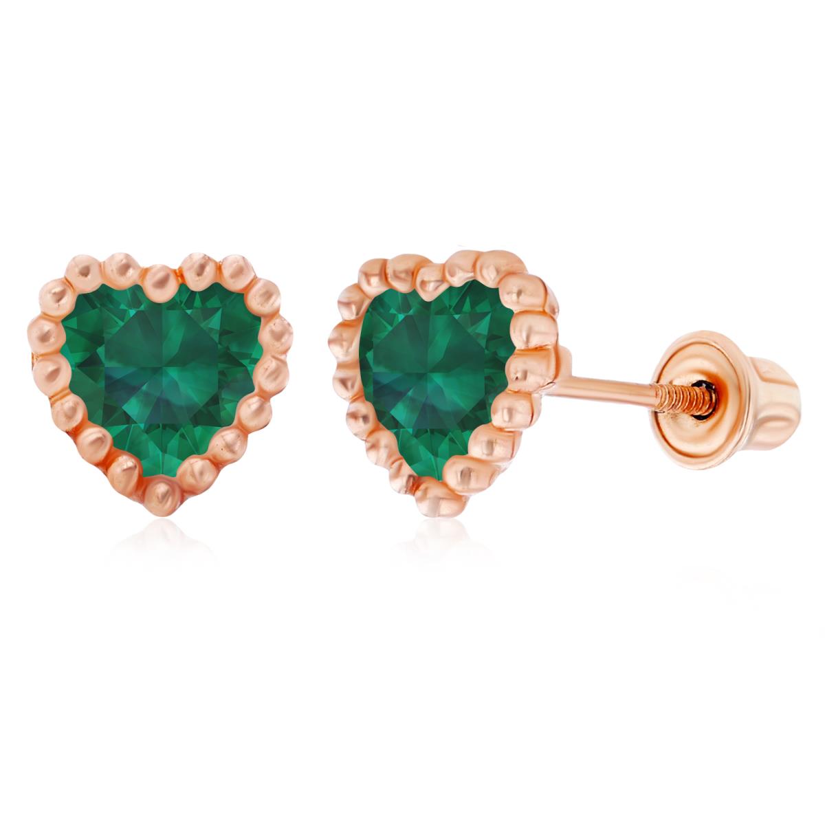 Sterling Silver Rose 5mm Heart Created Emerald Beaded Frame Screwback Earrings