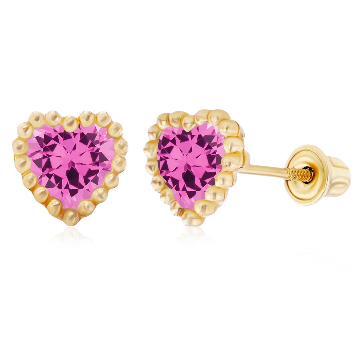 Sterling Silver Yellow 5mm Heart Created Pink Sapphire Beaded Frame Screwback Earrings