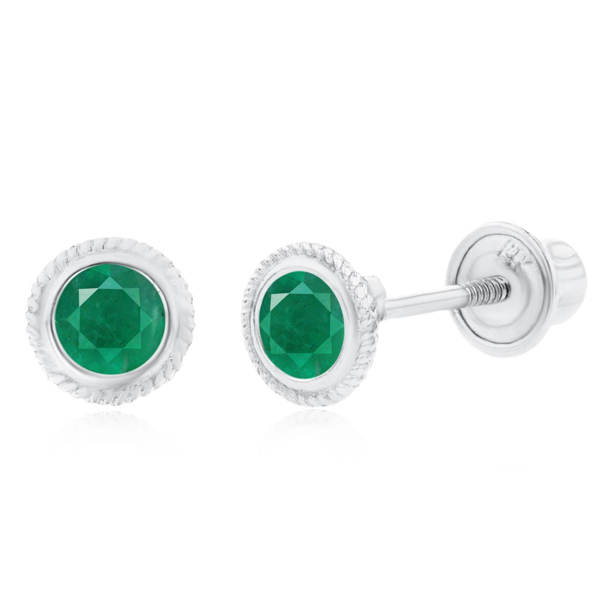 Sterling Silver Rhodium 3mm Round Emerald Rope Bezel Screwback Earrings