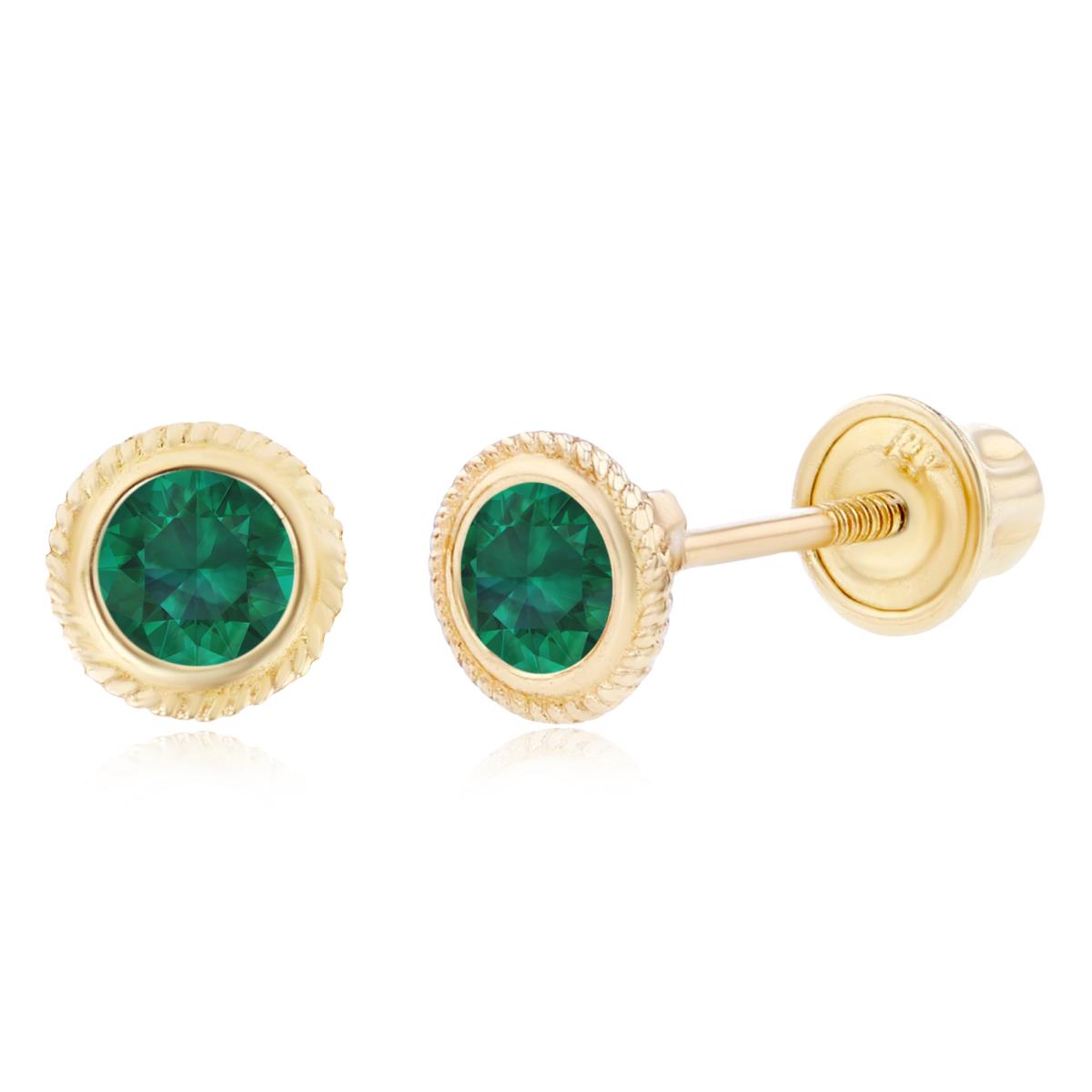Sterling Silver Yellow 3mm Round Created Emerald Rope Bezel Screwback Earrings