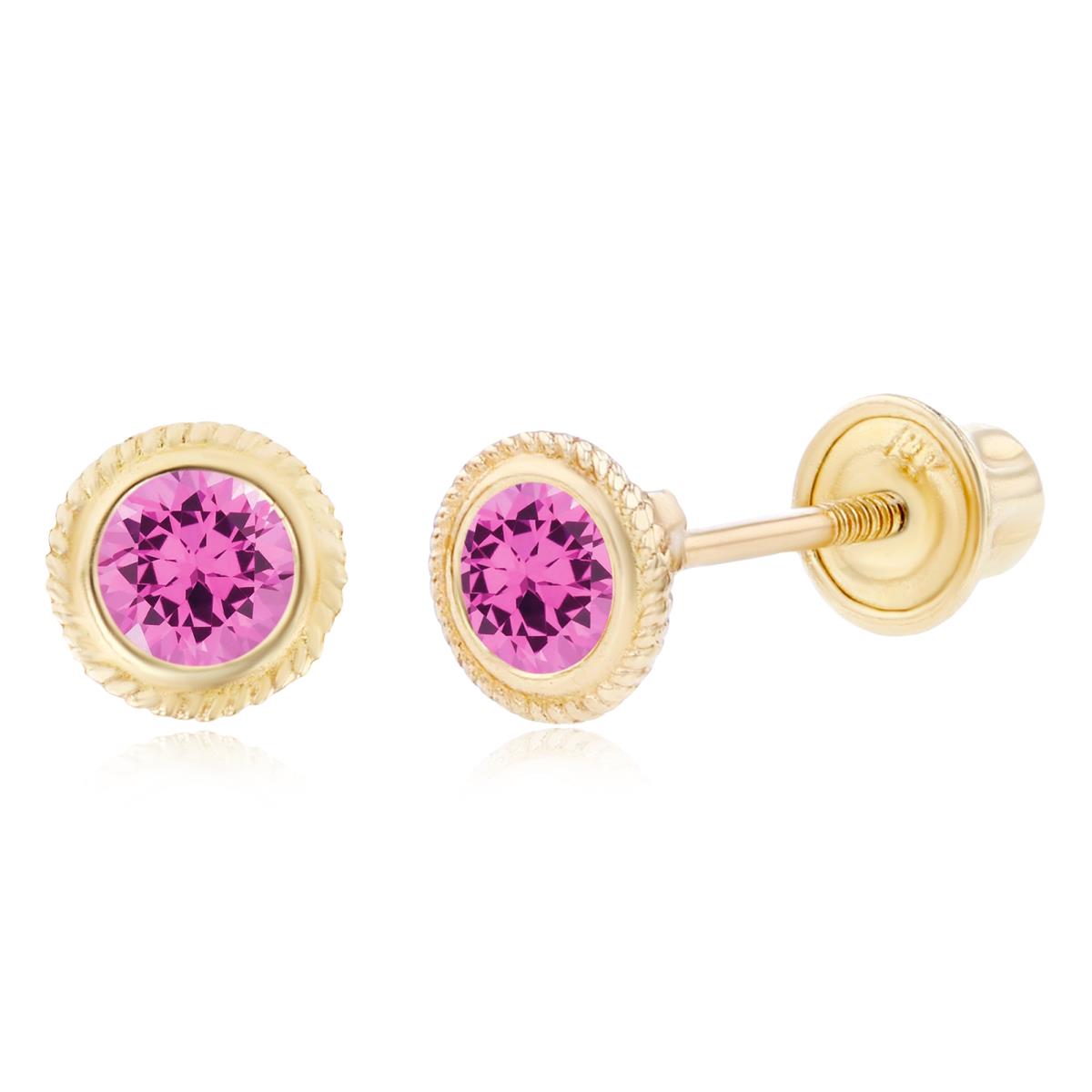 Sterling Silver Yellow 3mm Round Created Pink Sapphire Rope Bezel Screwback Earrings