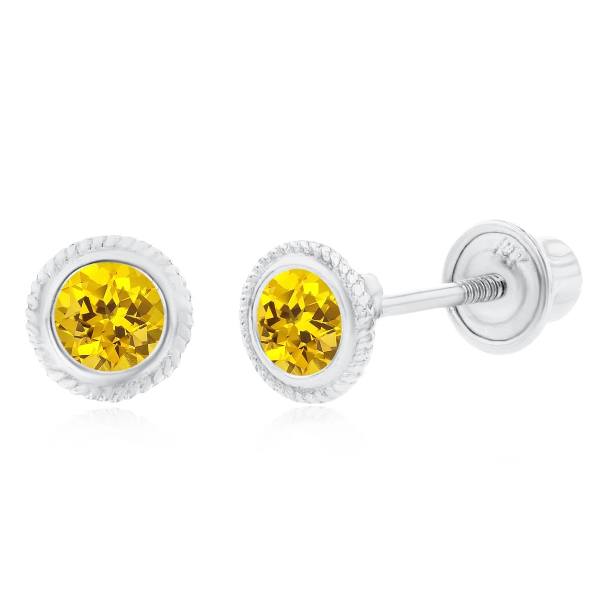 Sterling Silver Rhodium 3mm Round Created Yellow Sapphire Rope Bezel Screwback Earrings