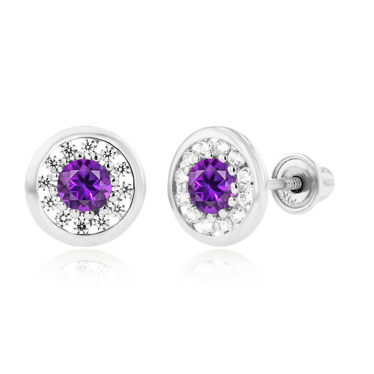 Sterling Silver Rhodium 3mm Amethyst & 1mm Created White Sapphire Pave Circle Screwback Earrings