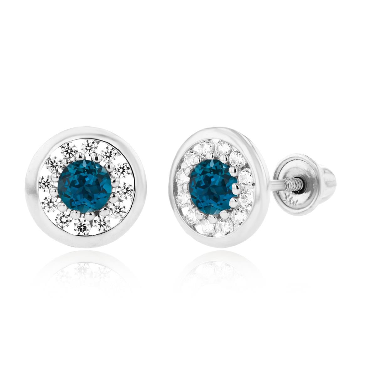 Sterling Silver Rhodium 3mm London Blue Topaz & 1mm Created White Sapphire Pave Circle Screwback Earrings