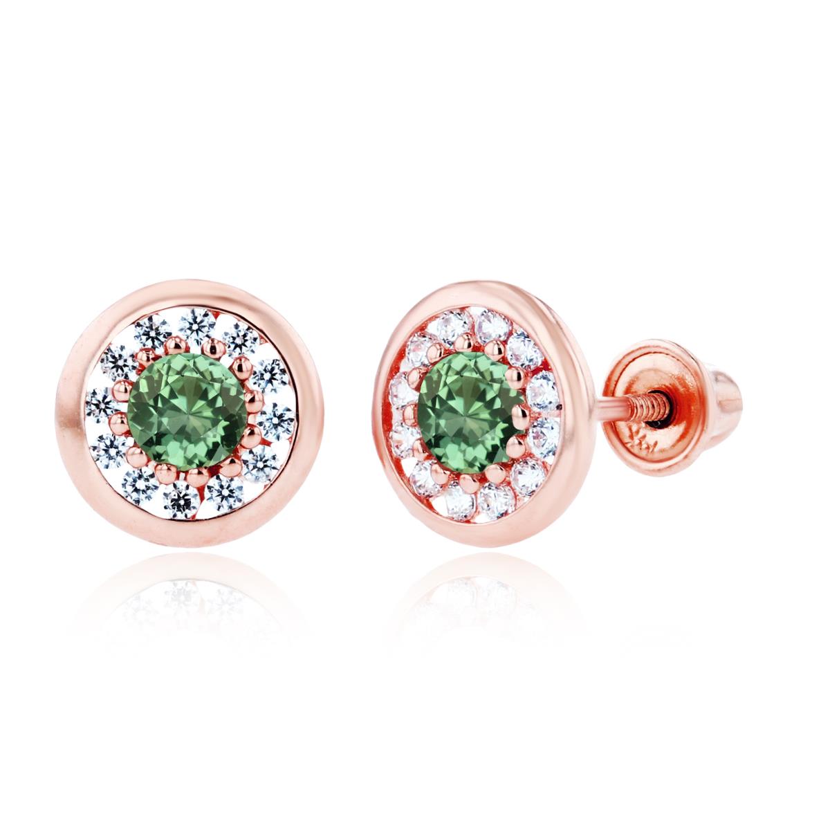 Sterling Silver Rose 3mm Created Green Sapphire & 1mm Created White Sapphire Pave Circle Screwback Earrings
