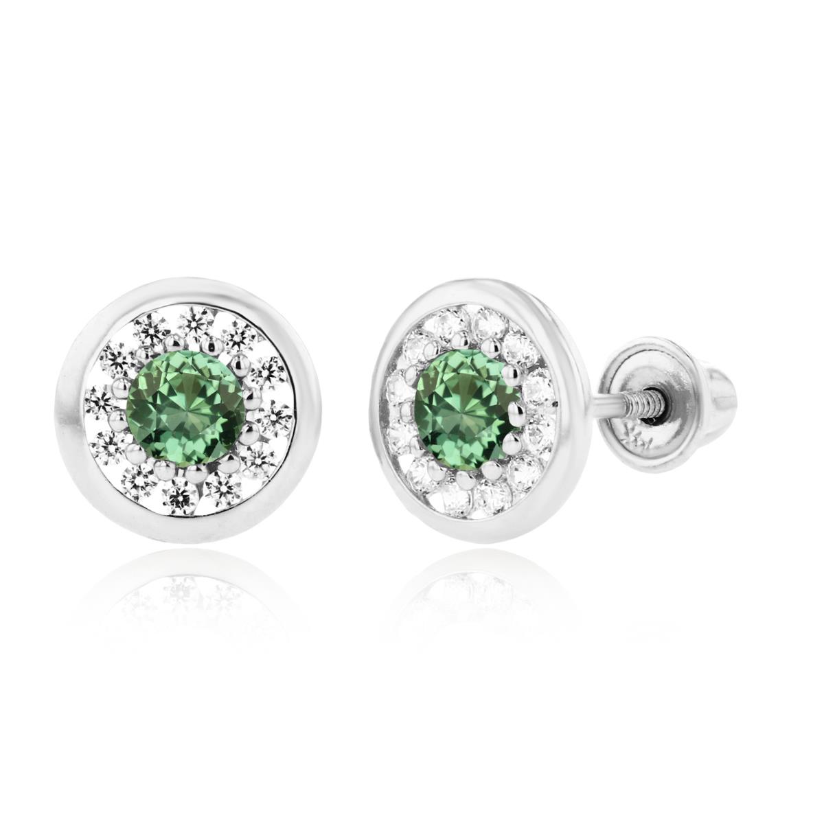 Sterling Silver Rhodium 3mm Created Green Sapphire & 1mm Created White Sapphire Pave Circle Screwback Earrings