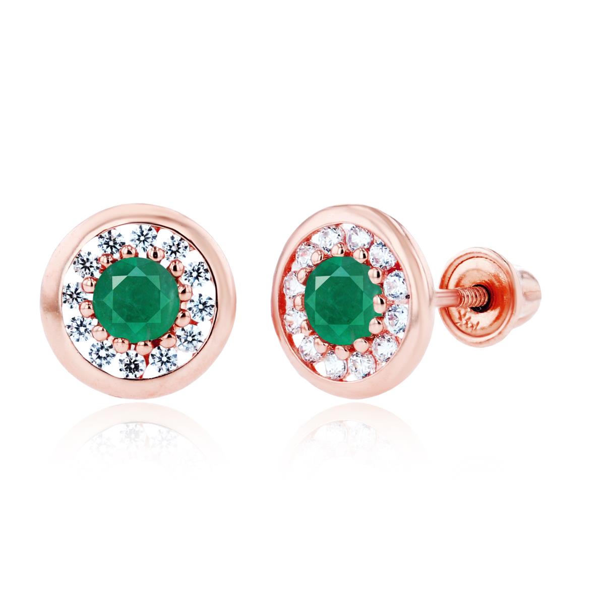 Sterling Silver Rose 3mm Emerald & 1mm Created White Sapphire Pave Circle Screwback Earrings