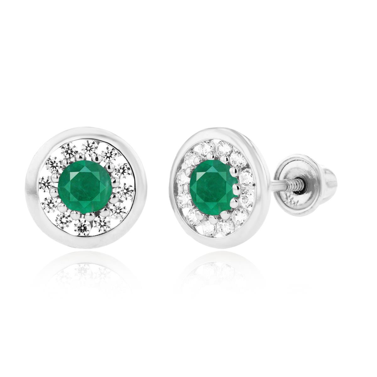 Sterling Silver Rhodium 3mm Emerald & 1mm Created White Sapphire Pave Circle Screwback Earrings