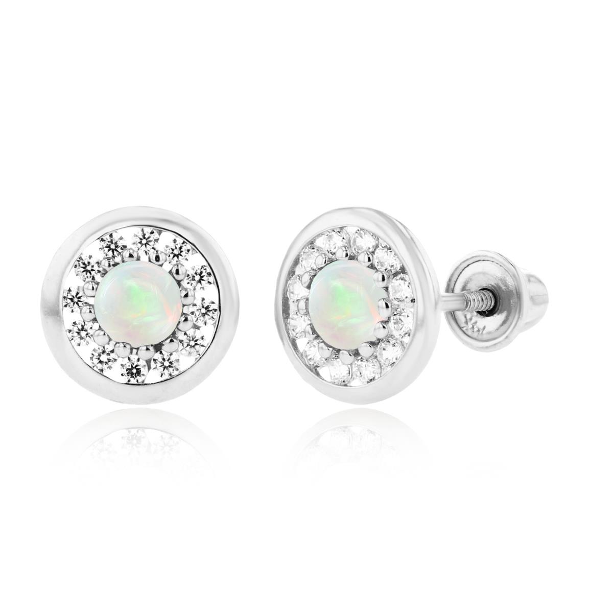 Sterling Silver Rhodium 3mm Opal & 1mm Created White Sapphire Pave Circle Screwback Earrings