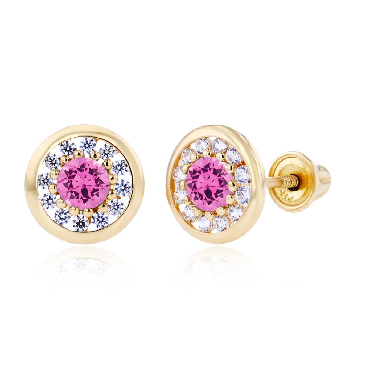 Sterling Silver Yellow 3mm Created Pink Sapphire & 1mm Created White Sapphire Pave Circle Screwback Earrings