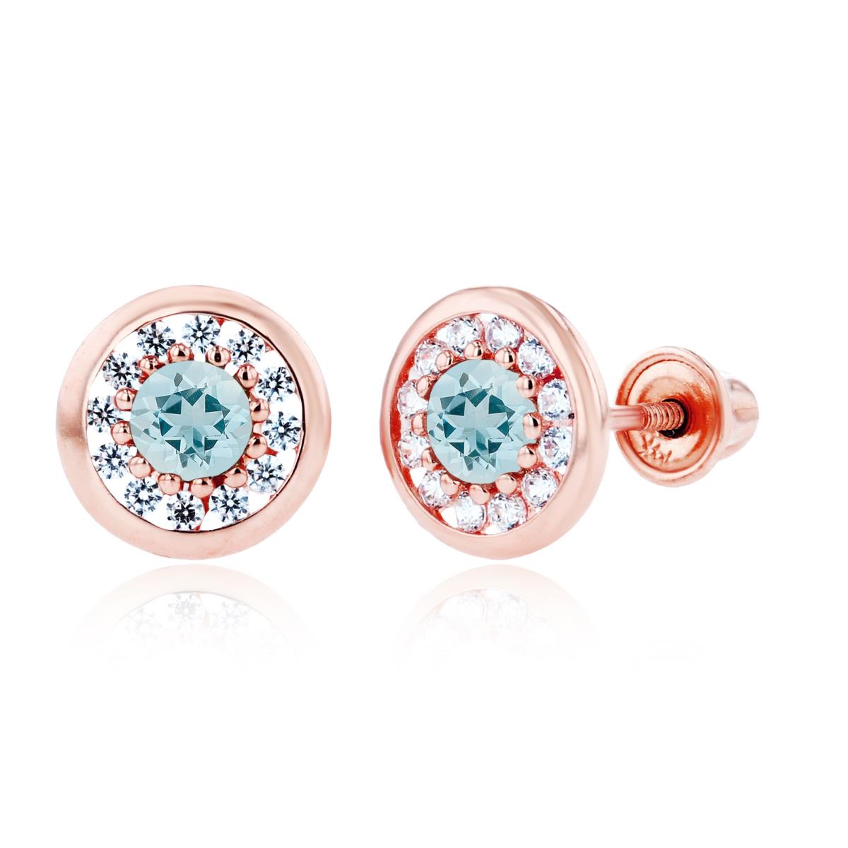 Sterling Silver Rose 3mm Aquamarine & 1mm Created White Sapphire Pave Circle Screwback Earrings