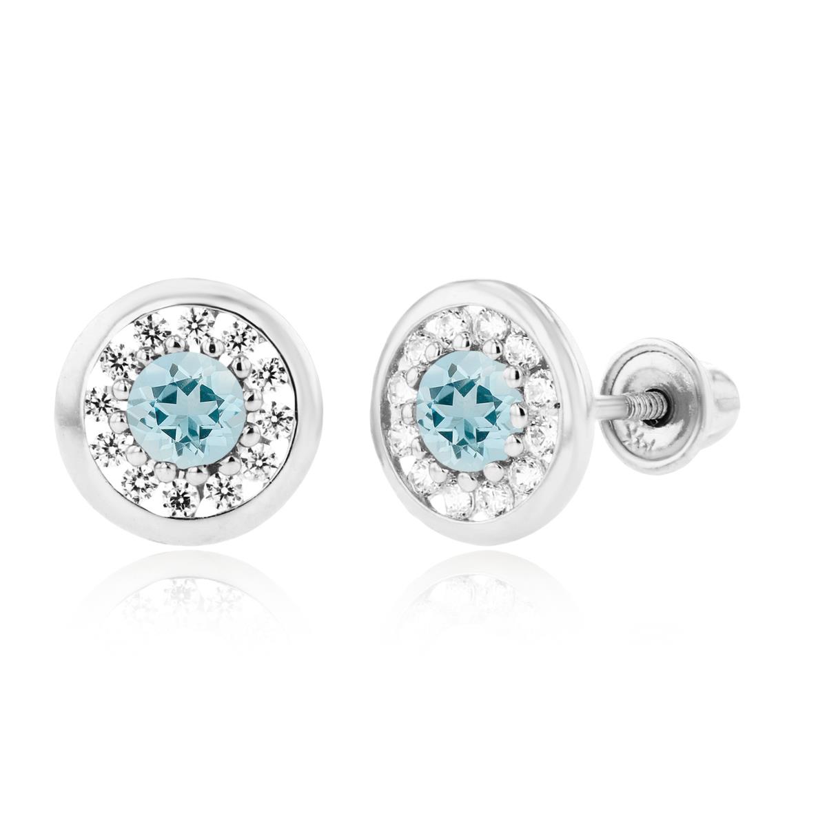Sterling Silver Rhodium 3mm Aquamarine & 1mm Created White Sapphire Pave Circle Screwback Earrings