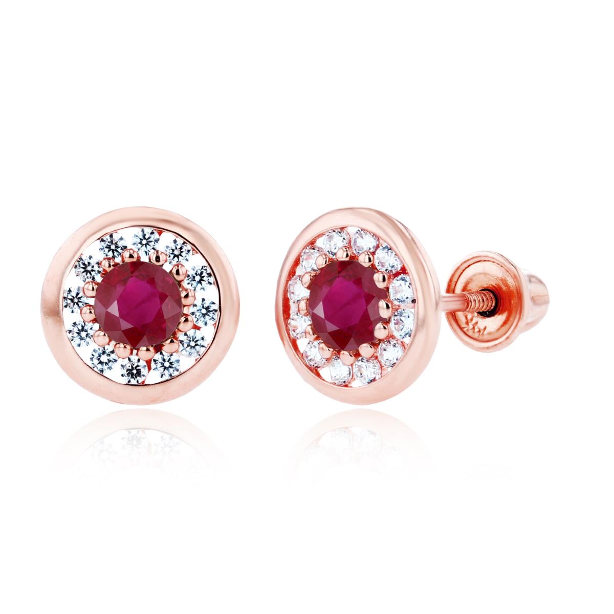 Sterling Silver Rose 3mm Ruby & 1mm Created White Sapphire Pave Circle Screwback Earrings