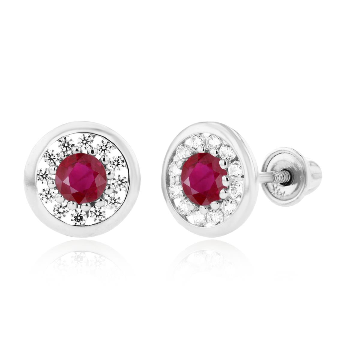 Sterling Silver Rhodium 3mm Ruby & 1mm Created White Sapphire Pave Circle Screwback Earrings
