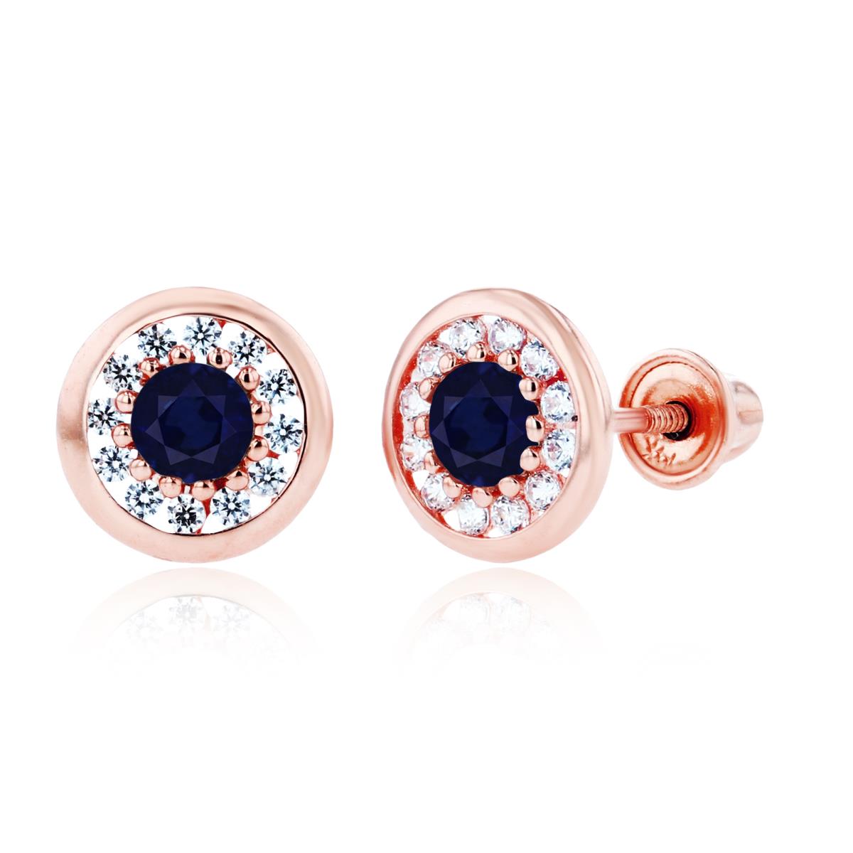 Sterling Silver Rose 3mm Sapphire & 1mm Created White Sapphire Pave Circle Screwback Earrings