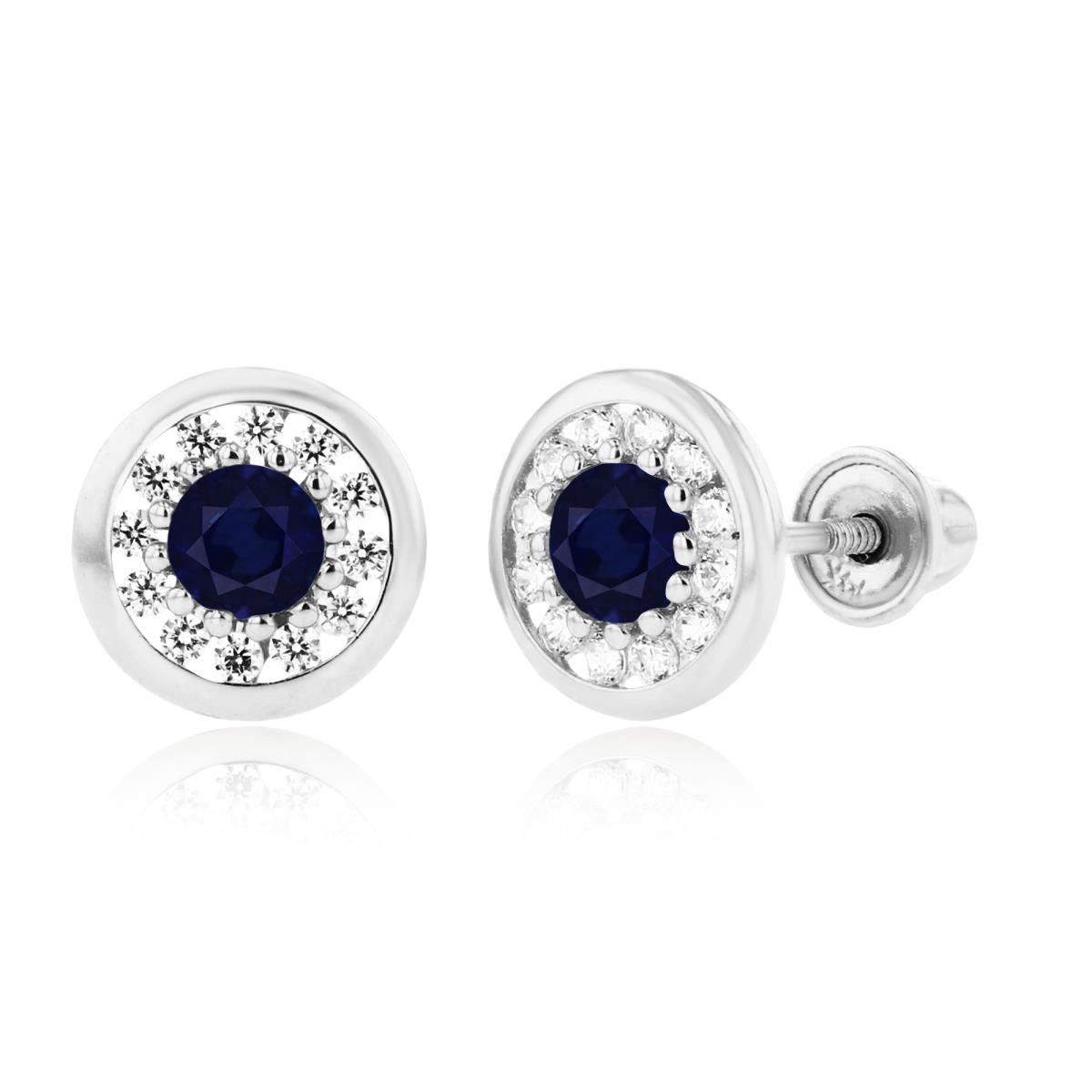Sterling Silver Rhodium 3mm Sapphire & 1mm Created White Sapphire Pave Circle Screwback Earrings