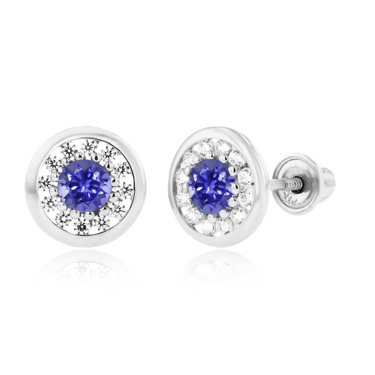 Sterling Silver Rhodium 3mm Tanzanite & 1mm Created White Sapphire Pave Circle Screwback Earrings