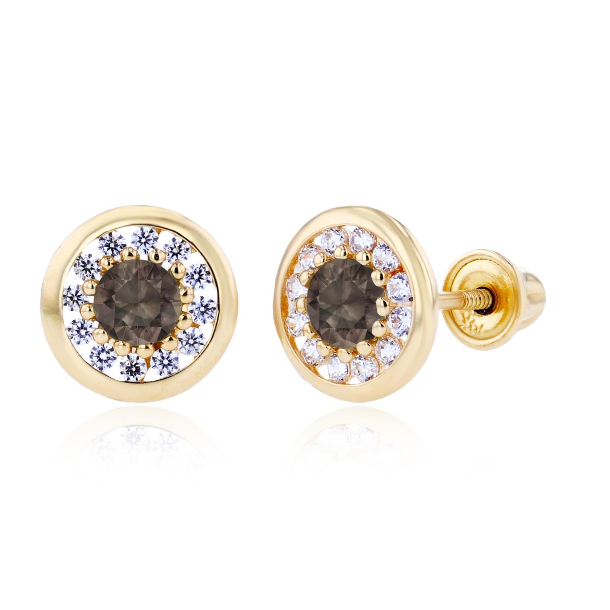 Sterling Silver Yellow 3mm Smokey Quartz & 1mm Created White Sapphire Pave Circle Screwback Earrings