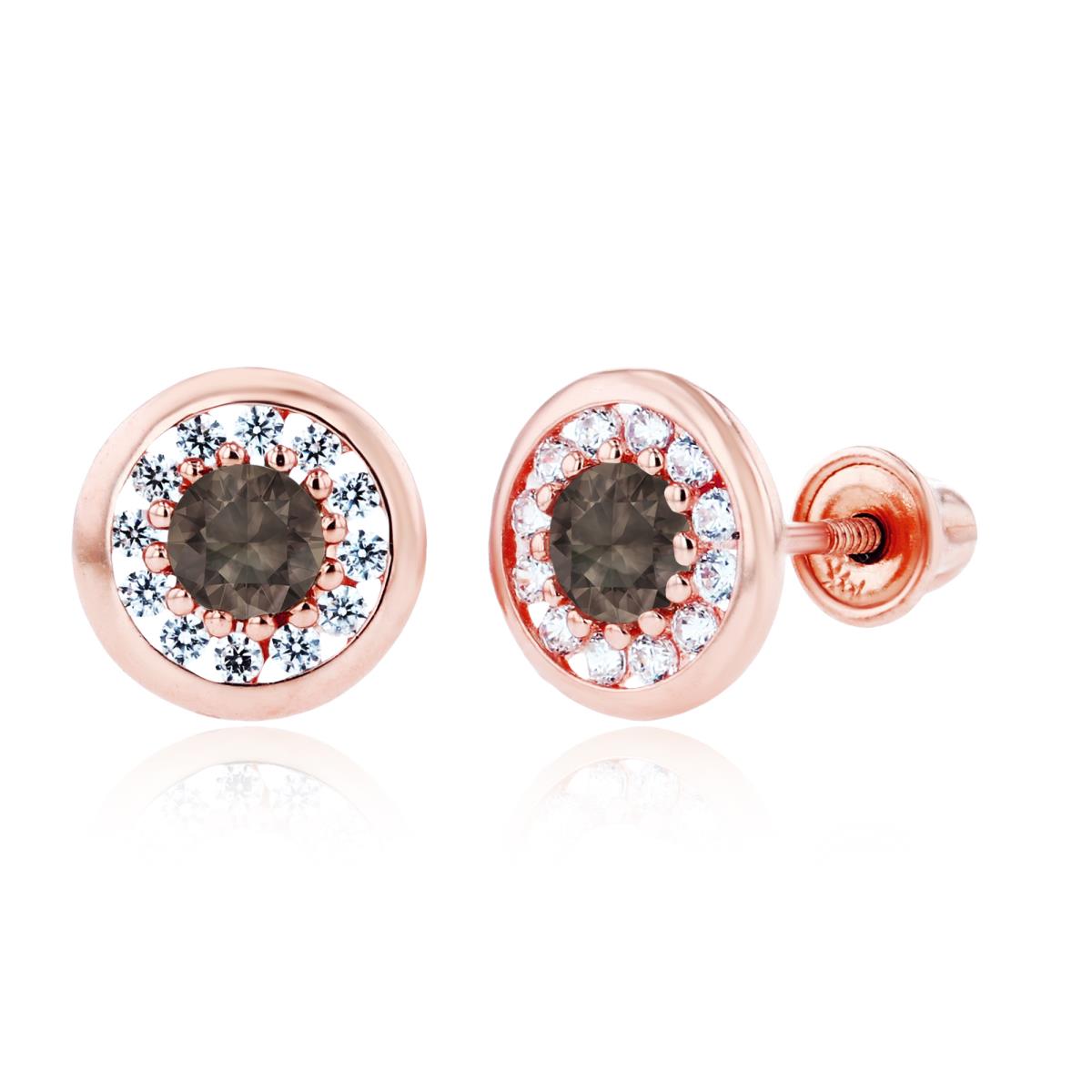 Sterling Silver Rose 3mm Smokey Quartz & 1mm Created White Sapphire Pave Circle Screwback Earrings