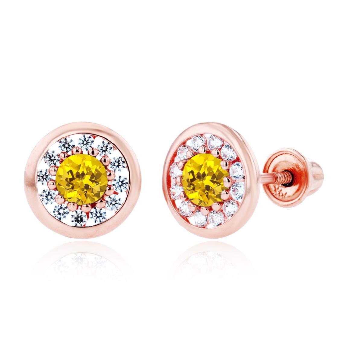 Sterling Silver Rose 3mm Created Yellow Sapphire & 1mm Created White Sapphire Pave Circle Screwback Earrings