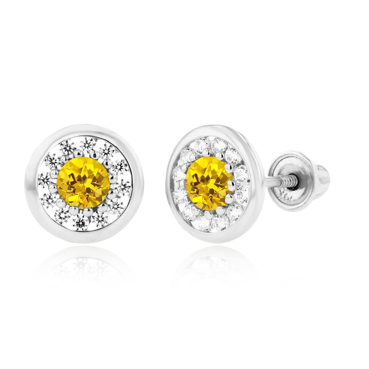 Sterling Silver Rhodium 3mm Created Yellow Sapphire & 1mm Created White Sapphire Pave Circle Screwback Earrings