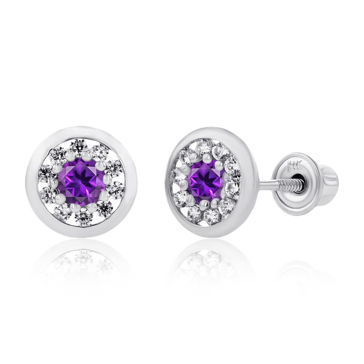 Sterling Silver Rhodium 2.5mm Amethyst & 1mm Created White Sapphire Pave Circle Screwback Earrings