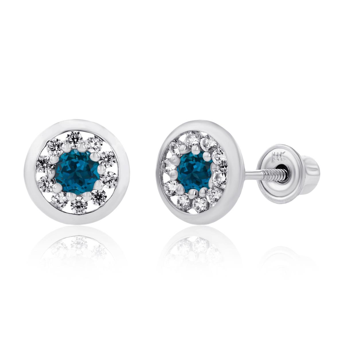 Sterling Silver Rhodium 2.5mm London Blue Topaz & 1mm Created White Sapphire Pave Circle Screwback Earrings
