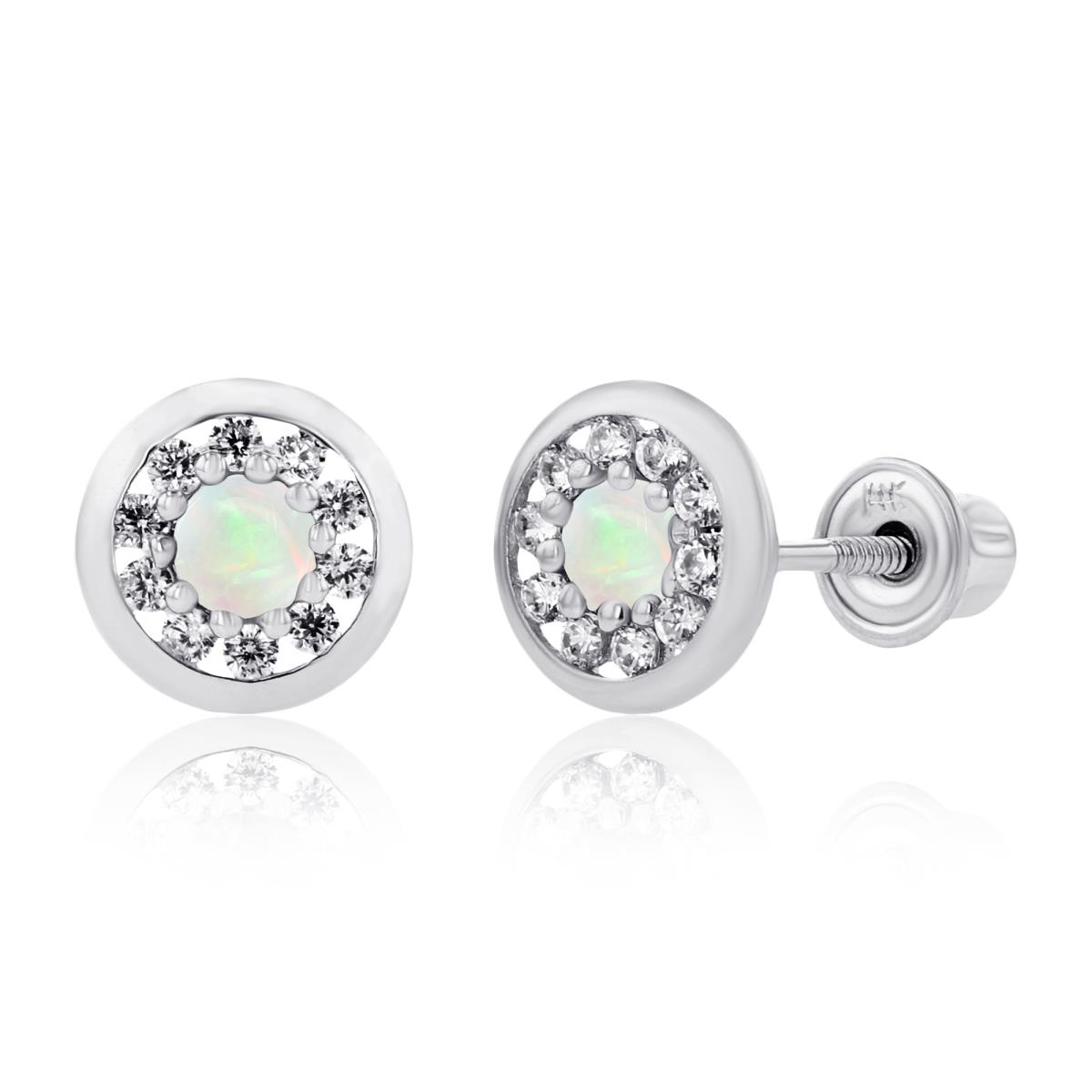 Sterling Silver Rhodium 2.5mm Opal & 1mm Created White Sapphire Pave Circle Screwback Earrings