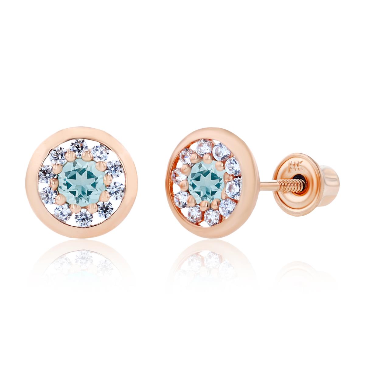 Sterling Silver Rose 2.5mm Aquamarine & 1mm Created White Sapphire Pave Circle Screwback Earrings